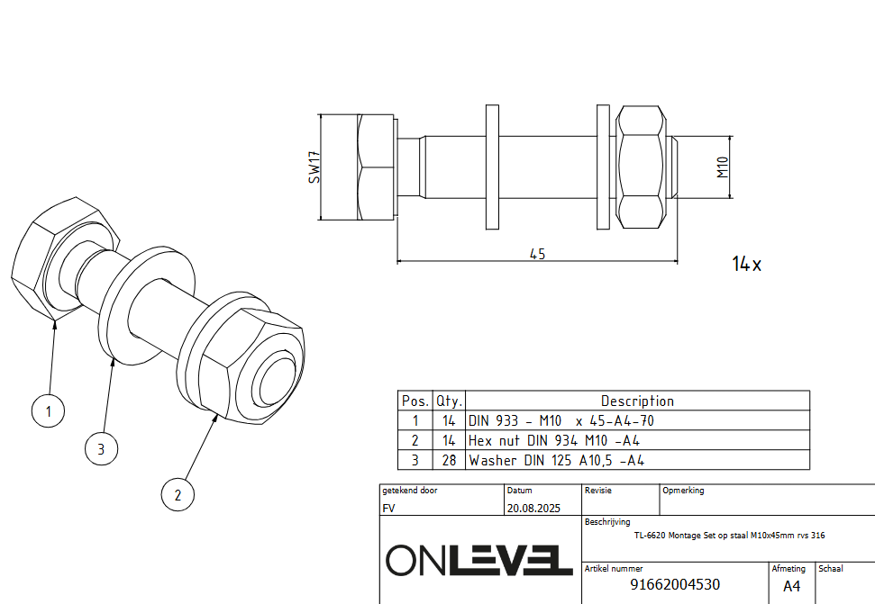 TF-6620 Mounting Set on steel M10x45mm AISI 316