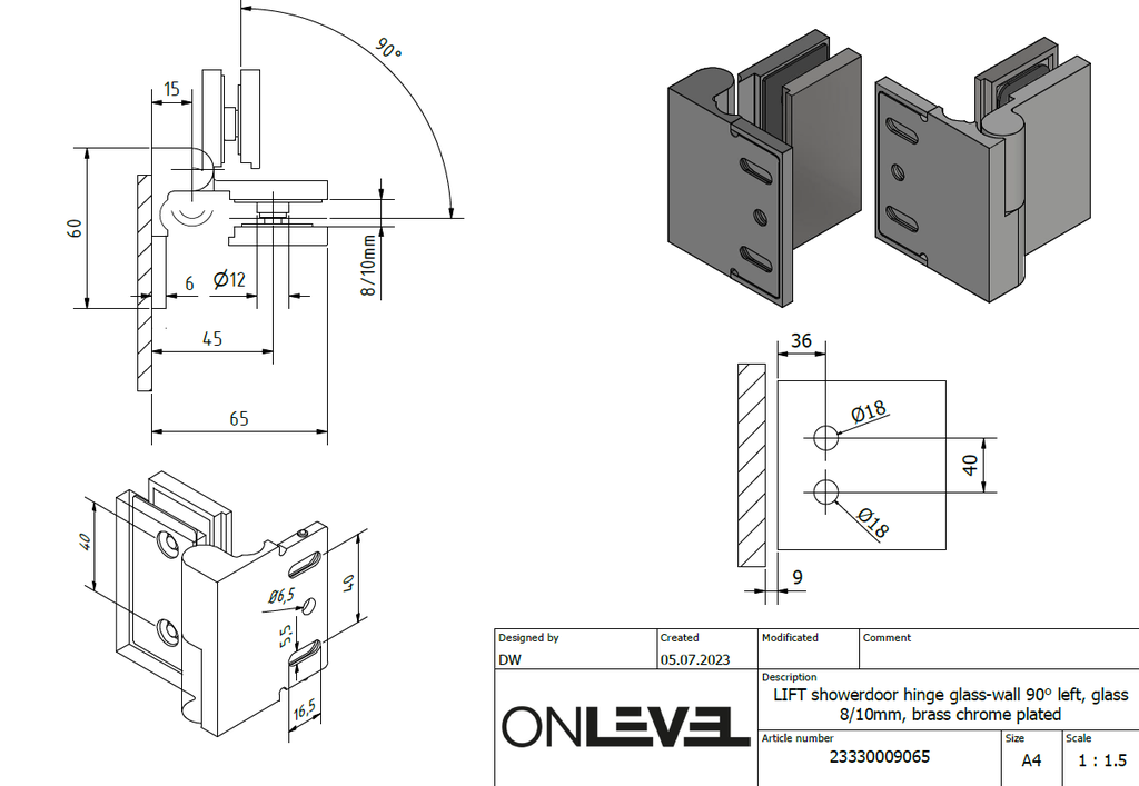 LIFT douchedeur scharnier omhoog/omlaag glas-wand 90° links glas 8/10mm, messing verchroomd