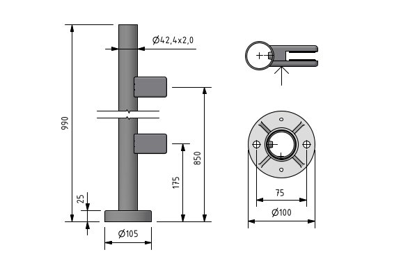 EMPIRE STATE POST Top Ø42.4x2mm H=990mm eindstaander links KRONOS vierkant, rvs 316 geborsteld