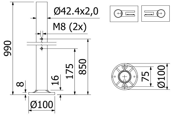 EMPIRE STATE POST Top, Ø42.4x2mm,  H=990mm, eindstaander, M8 rvs 316 geborsteld