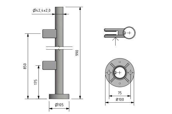 EMPIRE STATE POST Top Ø42.4x2mm H=990mm eindstaander rechts KRONOS vierkant, rvs 316 geborsteld