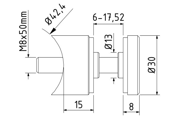 TL-2030 Glas adapt. Ø30mm aansl. Ø42.4mm rvs 304 geborsteld