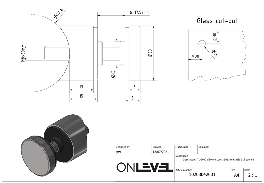 TL-2030 Glass adapt. Ø30mm conn. Ø42.4mm AISI 316 satined