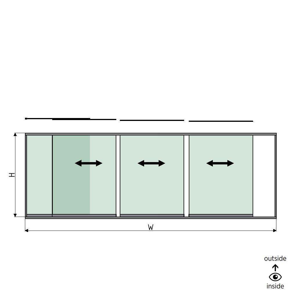 SunView model 1 left opening 4-lanes half height L=xxxxmm (max. 6000mm) H=xxxxmm (max. 1700mm), aluminum natural anodized (excl. locks, drivers and glass)