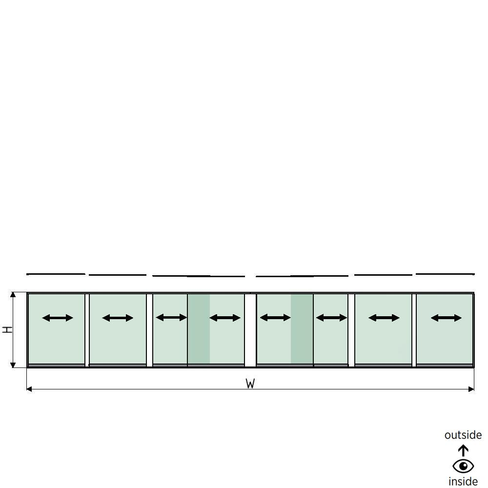 SunView model 1 left/right opening 4-lanes half height L=xxxxmm (max. 12000mm) H=xxxxmm (max. 1700mm), aluminum natural anodized (excl. locks, drivers and glass)