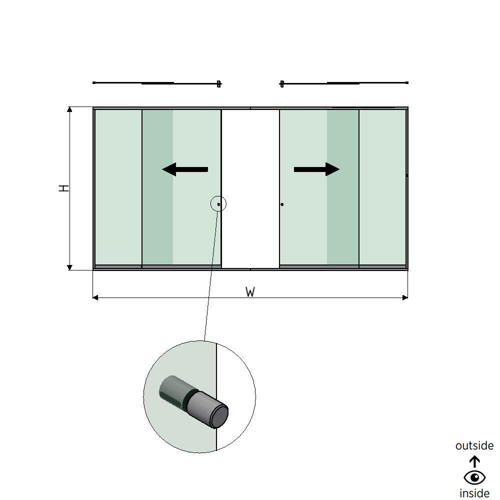 SunView model 2 left/right opening 2-lanes full height L=xxxxmm (max. 6000mm) H=xxxxmm (max. 2600mm), aluminum natural anodized (incl. stainless steel doorhandle and drivers excl. locks and glass)