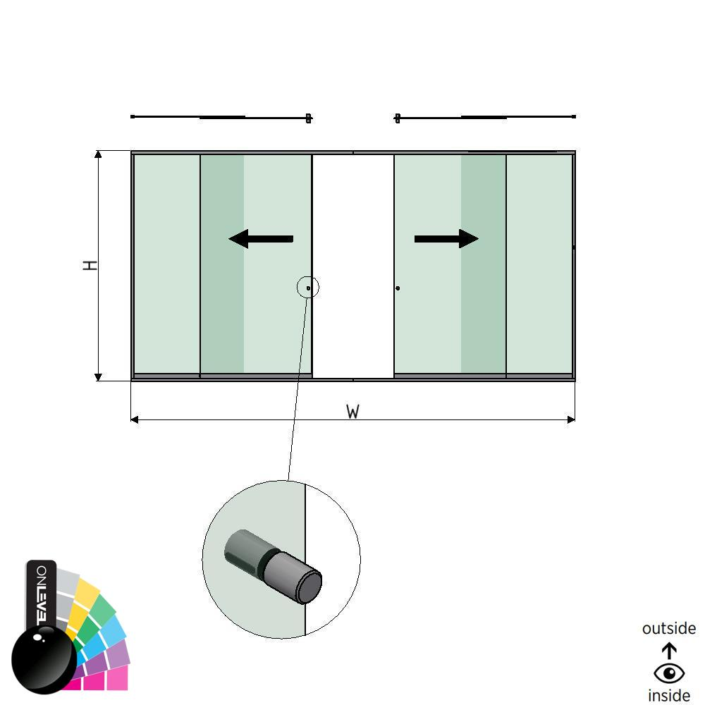 SunView model 2 left/right opening 2-lanes full height L=xxxxmm (max. 6000mm) H=xxxxmm (max. 2600mm), aluminum RAL shiny (incl. stainless steel doorhandle and drivers excl. locks and glass)
