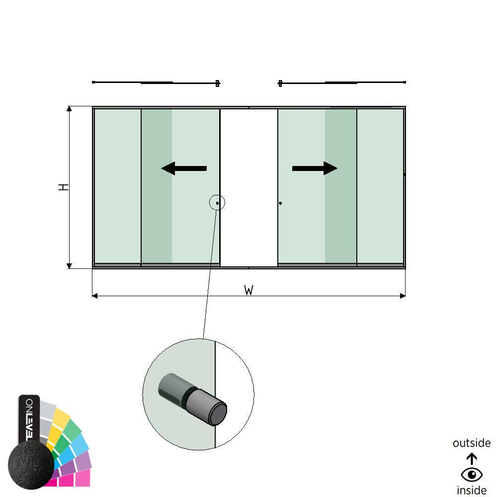 SunView model 2 left/right opening 2-lanes full height L=xxxxmm (max. 6000mm) H=xxxxmm (max. 2600mm), aluminum RAL structure (incl. stainless steel doorhandle and drivers excl. locks and glass)