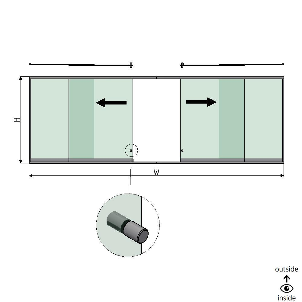SunView model 2 left/right opening 2-lanes half height L=xxxxmm (max. 6000mm) H=xxxxmm (max. 1700mm), aluminum natural anodized (incl. stainless steel doorhandle and drivers excl. locks and glass)