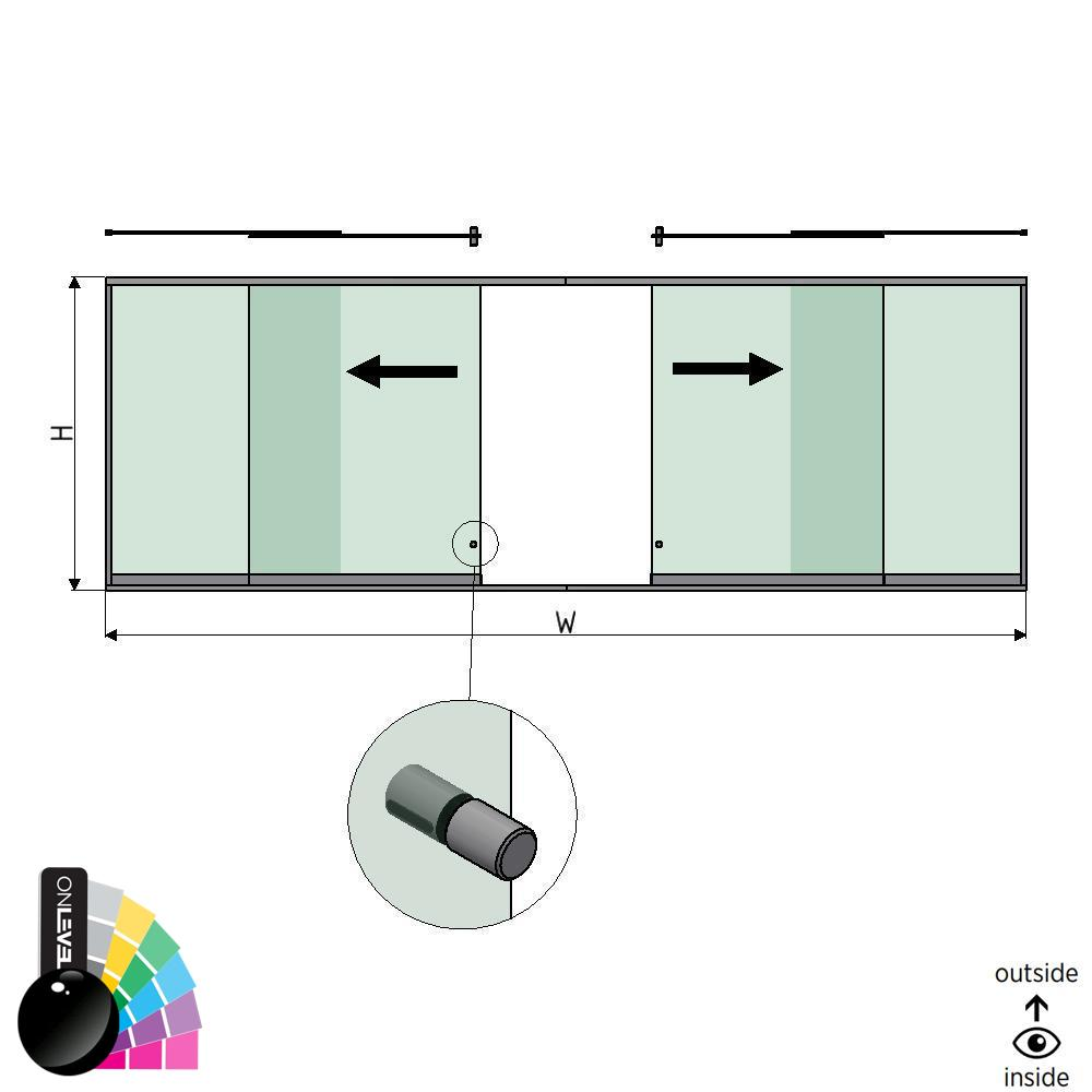 SunView model 2 left/right opening 2-lanes half height L=xxxxmm (max. 6000mm) H=xxxxmm (max. 1700mm), aluminum RAL shiny (incl. stainless steel doorhandle and drivers excl. locks and glass)