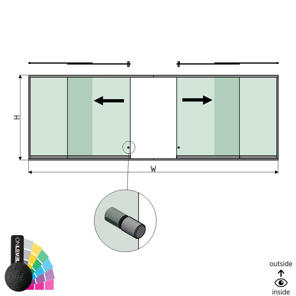 SunView model 2 left/right opening 2-lanes half height L=xxxxmm (max. 6000mm) H=xxxxmm (max. 1700mm), aluminum RAL structure (incl. stainless steel doorhandle and drivers excl. locks and glass)