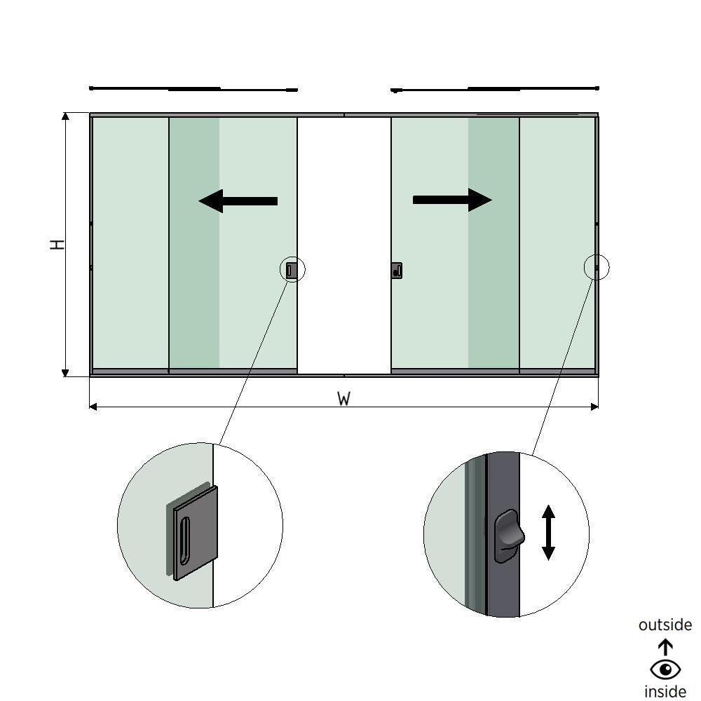 SunView model 3 left/right opening 2-lanes full height L=xxxxmm (max. 6000mm) H=xxxxmm (max. 2600mm), aluminum natural anodized (incl. locks, stainless steel doorhandle and drivers excl. glass)