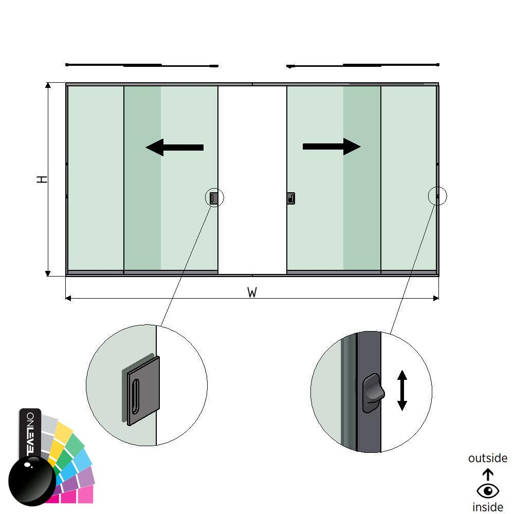 SunView model 3 left/right opening 2-lanes full height L=xxxxmm (max. 6000mm) H=xxxxmm (max. 2600mm), aluminum RAL shiny (incl. locks, stainless steel doorhandle and drivers excl. glass)