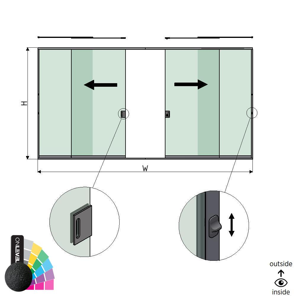 SunView model 3 left/right opening 2-lanes full height L=xxxxmm (max. 6000mm) H=xxxxmm (max. 2600mm), aluminum RAL structure (incl. locks, stainless steel doorhandle and drivers excl. glass)