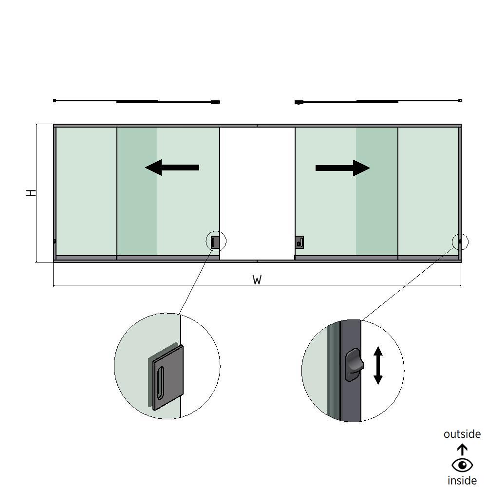 SunView model 3 left/right opening 2-lanes half height L=xxxxmm (max. 6000mm) H=xxxxmm (max. 1700mm), aluminum natural anodized (incl. locks, stainless steel doorhandle and drivers excl. glass)