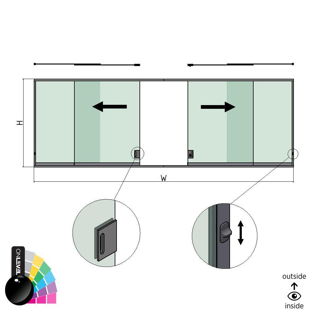 SunView model 3 left/right opening 2-lanes half height L=xxxxmm (max. 6000mm) H=xxxxmm (max. 1700mm), aluminum RAL shiny (incl. locks, stainless steel doorhandle and drivers excl. glass)