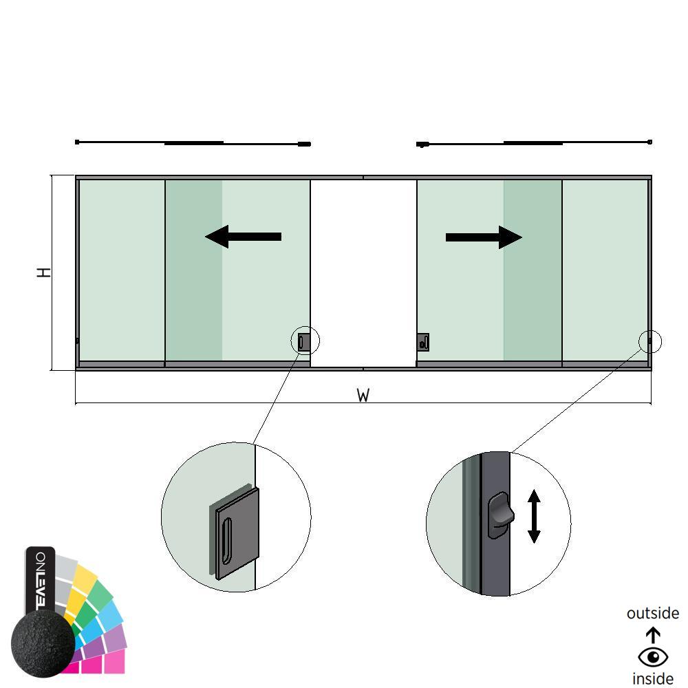 SunView model 3 left/right opening 2-lanes half height L=xxxxmm (max. 6000mm) H=xxxxmm (max. 1700mm), aluminum RAL structure (incl. locks, stainless steel doorhandle and drivers excl. glass)
