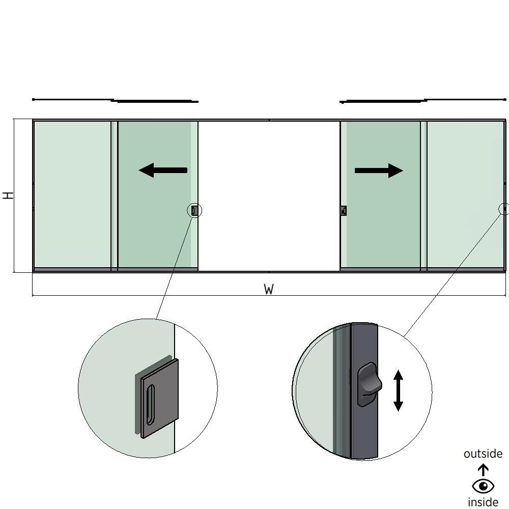 SunView model 3 left/right opening 3-lanes full height L=xxxxmm (max. 9000mm) H=xxxxmm (max. 2600mm), aluminum natural anodized (incl. locks, stainless steel doorhandle and drivers excl. glass)