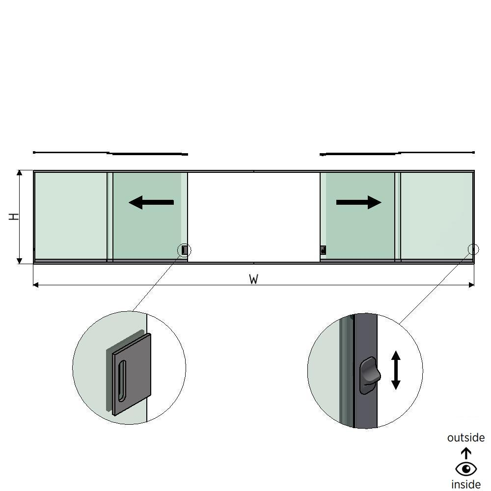 SunView model 3 left/right opening 3-lanes half height L=xxxxmm (max. 9000mm) H=xxxxmm (max. 1700mm), aluminum natural anodized (incl. locks, stainless steel doorhandle and drivers excl. glass)