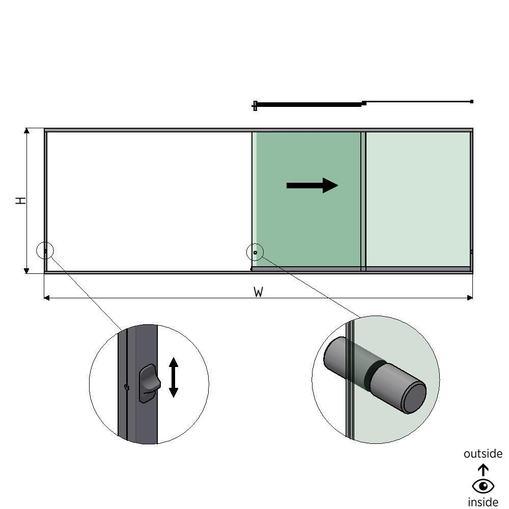 SunView model 3 right opening 4-lanes half height L=xxxxmm (max. 6000mm) H=xxxxmm (max. 1700mm), aluminum natural anodized (incl. locks, stainless steel doorhandle and drivers excl. glass)
