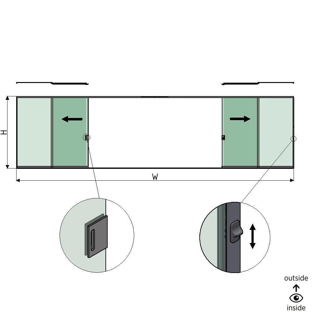 SunView model 3 left/right opening 4-lanes full height L=xxxxmm (max. 12000mm) H=xxxxmm (max. 2600mm), aluminum natural anodized (incl. locks, stainless steel doorhandle and drivers excl. glass)