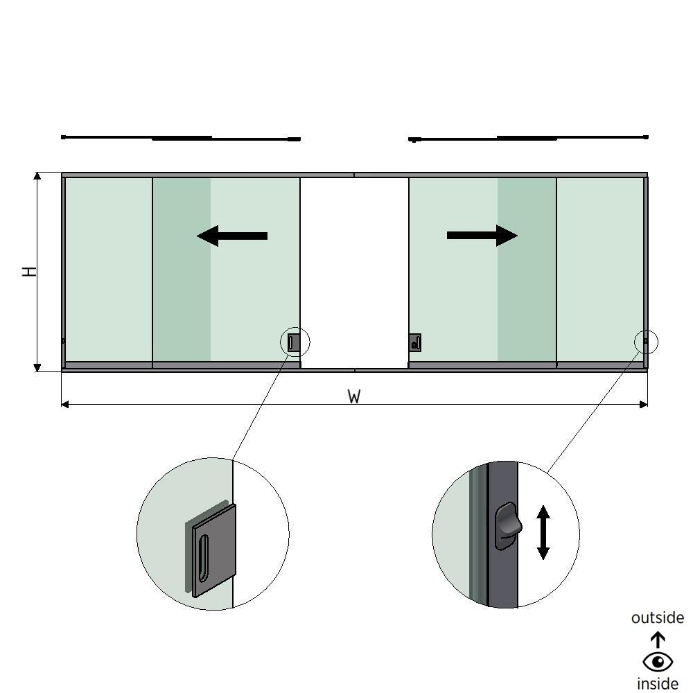 SunView model 3 left/right opening 4-lanes half height L=xxxxmm (max. 12000mm) H=xxxxmm (max. 1700mm), aluminum natural anodized (incl. locks, stainless steel doorhandle and drivers excl. glass)