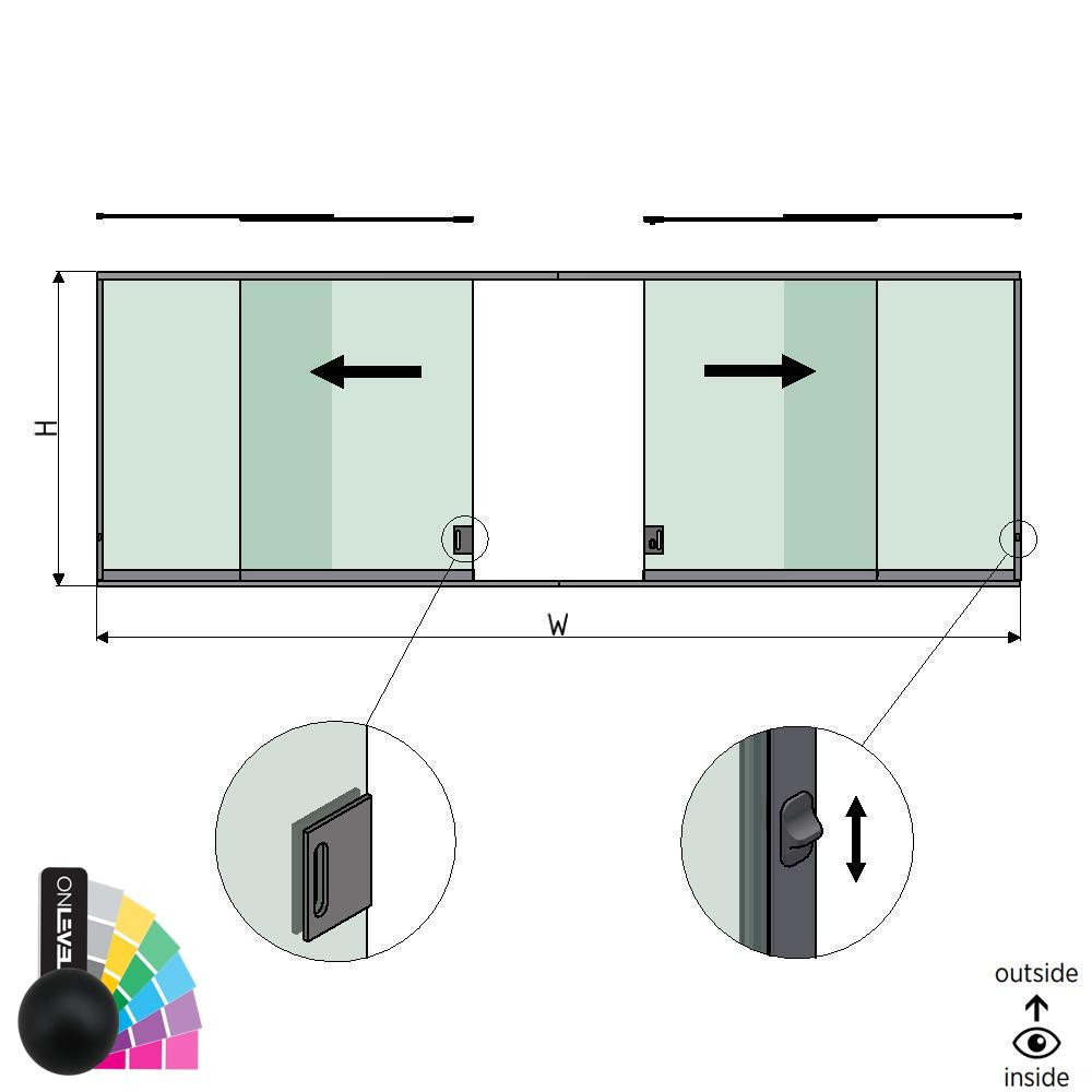 SunView model 3 left/right opening 4-lanes half height L=xxxxmm (max. 12000mm) H=xxxxmm (max. 1700mm), aluminum RAL matt (incl. locks, stainless steel doorhandle and drivers excl. glass)