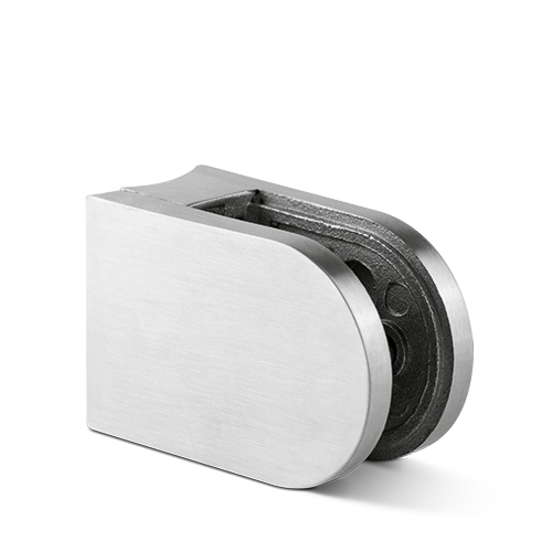Glassclamp D-shape 63x45mm connection Ø42.4mm glass 8-12.76mm incl. security pin, AISI 304 satined