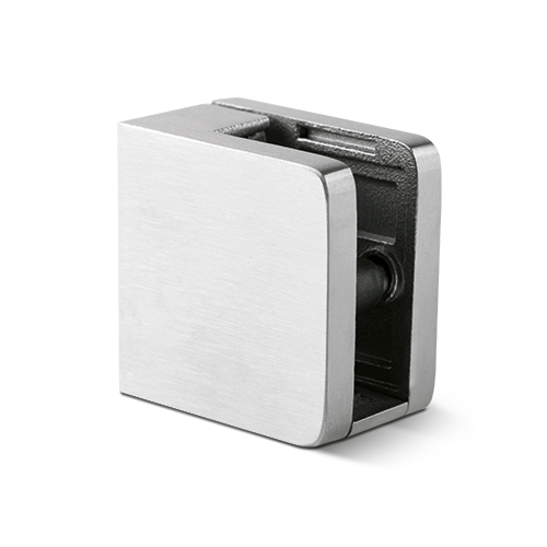 Glassclamp square 45x45mm, flat connection glass 8-10.76mm incl. security pin and glass carrier, AISI 304 satined
